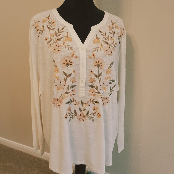 Women's Winter Garden Embroidered Long Sleeve Blouse 100% Cotton Size 3X. - Picture 4 of 13